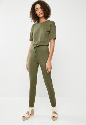 Slouch drawstring short sleeve jumpsuit - green 