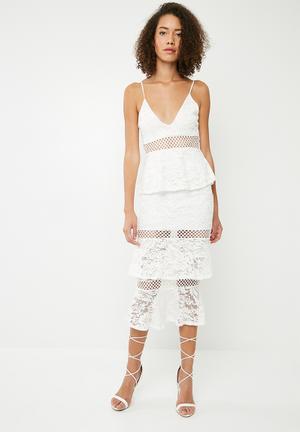 Strappy lace frill layered midi dress - white 