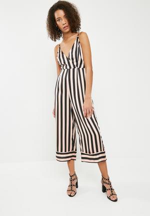 Stripe cami deep cuff culotte jumpsuit - black & pink 