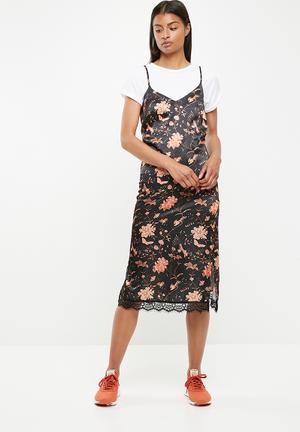 Midi slip dress with lace hem - multi