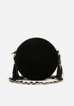 Circle velvet tassel detail cross body bag - black