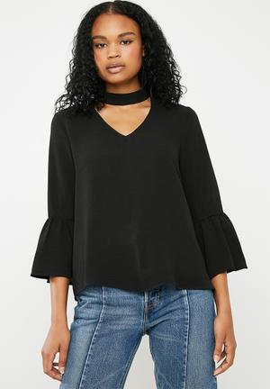 Choker blouse with bell sleeve - black