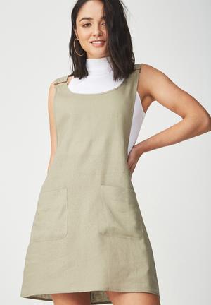 Woven summer utility pinafore dress - khaki