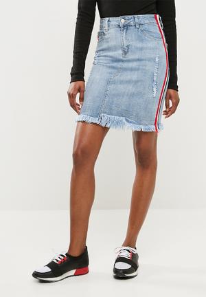 High waisted denim skirt with side stripe - blue