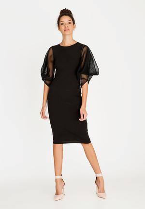 Pencil dress with techno mesh sleeves - black