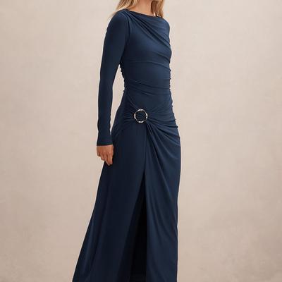 slim fit dress slacks Navy Blue Beaded Prom Dresses Extra Long Cape Sleeve Mother of The Bride Dress 22118 Navy Blue / US14