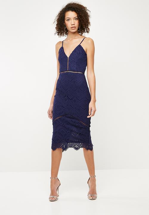 Missguided - Lace ladder detail midi dress - navy