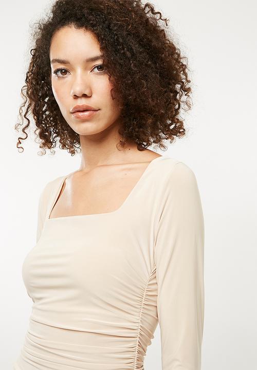 Missguided - Soft touch slinky ruched midi dress - beige