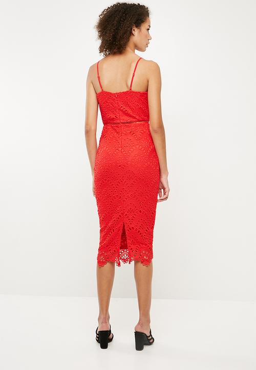 Missguided - Lace ladder detail midi dress - red
