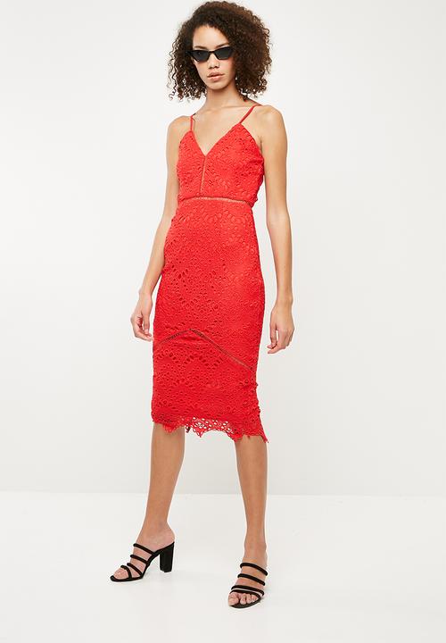 Missguided - Lace ladder detail midi dress - red