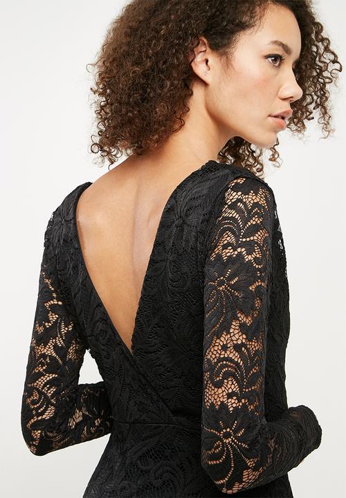 Missguided - Plunge neck long sleeve lace dress - Black