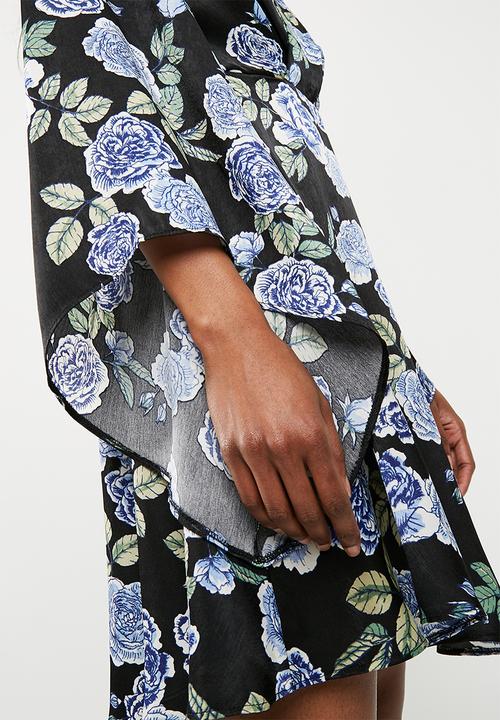 Missguided - Floral print belted kimono shift dress - black & blue
