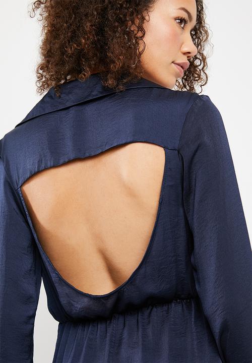 Missguided - Satin open back shirt dress - navy