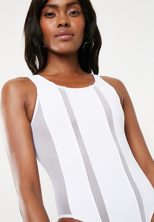 Missguided - Mesh insert stripe swimsuit - white 