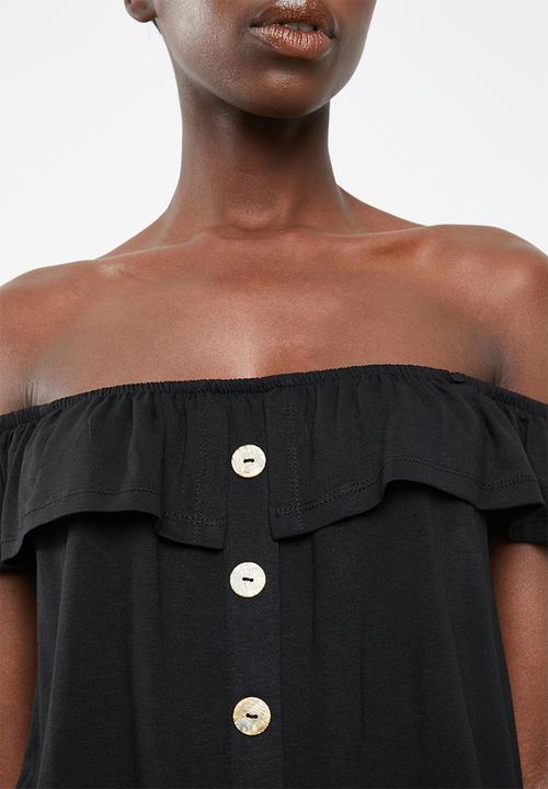 Superbalist - Off the shoulder button through top with frill - black