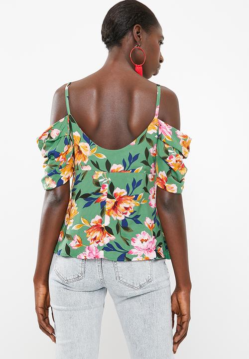 STYLE REPUBLIC - Cold shoulder front button top - green