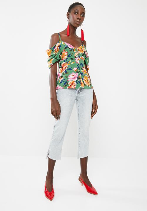 STYLE REPUBLIC - Cold shoulder front button top - green