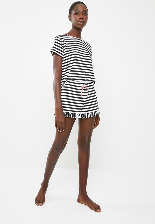 Superbalist - Sleep tee and shorts set - black and white stripe