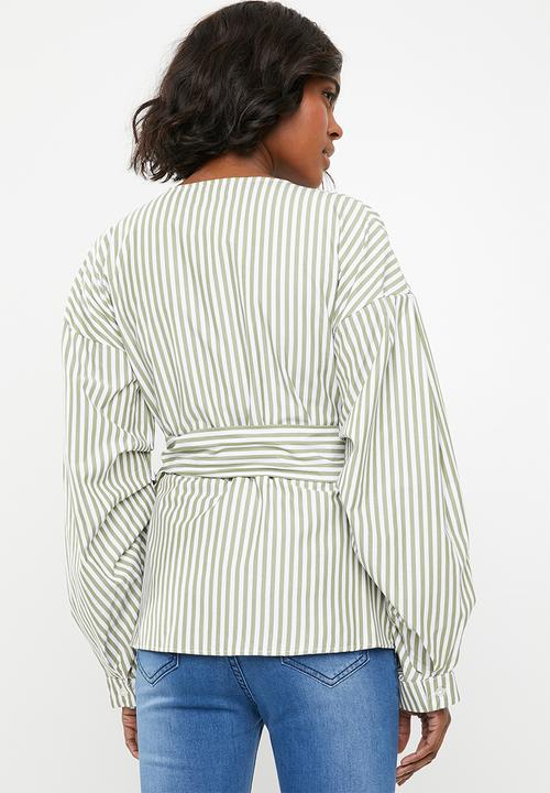 STYLE REPUBLIC - Volume sleeve wrap blouse - green & white