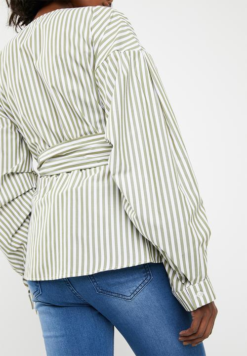 STYLE REPUBLIC - Volume sleeve wrap blouse - green & white