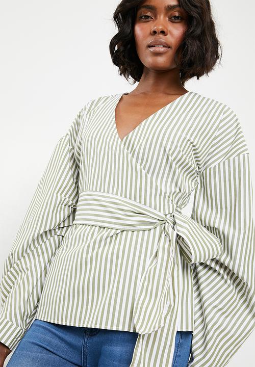 STYLE REPUBLIC - Volume sleeve wrap blouse - green & white