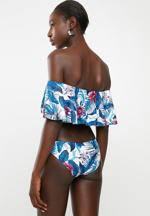 London Hub - Tropical bardot frill bikini set - blue 