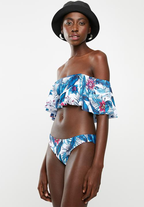 London Hub - Tropical bardot frill bikini set - blue 