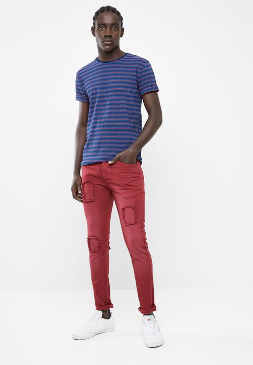 Only & Sons - Indigo chi stripe tee - blue & red 