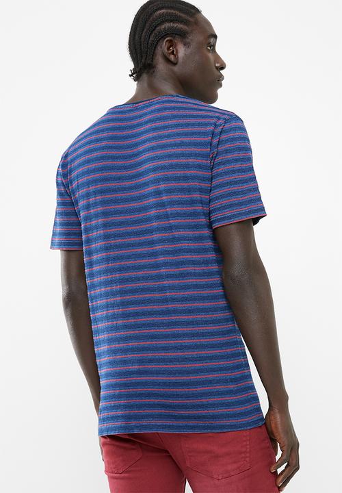 Only & Sons - Indigo chi stripe tee - blue & red 