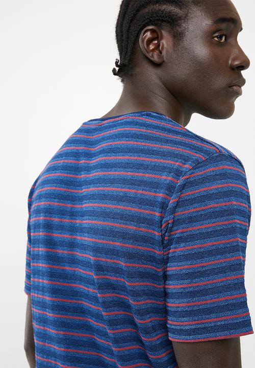 Only & Sons - Indigo chi stripe tee - blue & red 