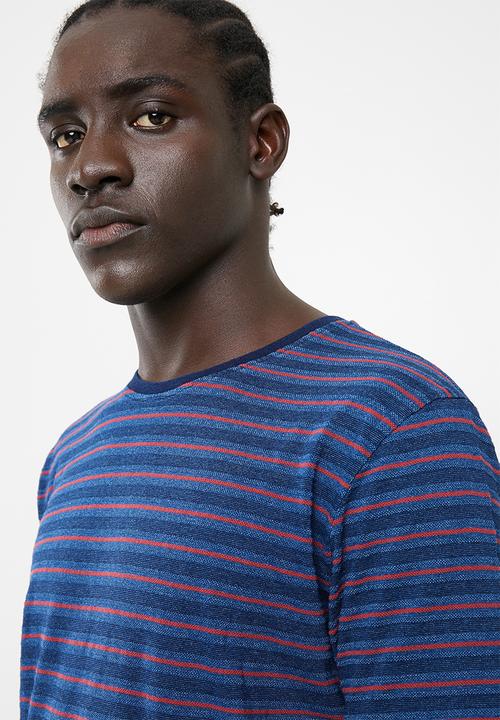 Only & Sons - Indigo chi stripe tee - blue & red 