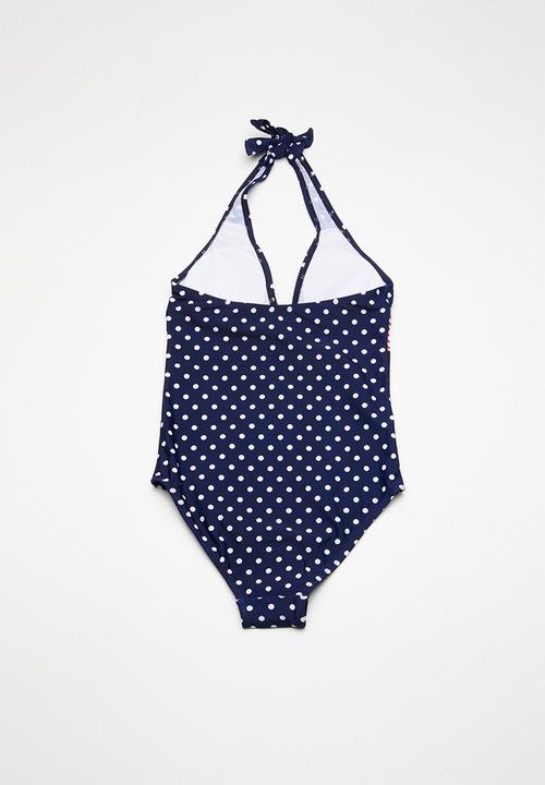 Pop Candy - Polka dot halter  neck swimsuit - navy