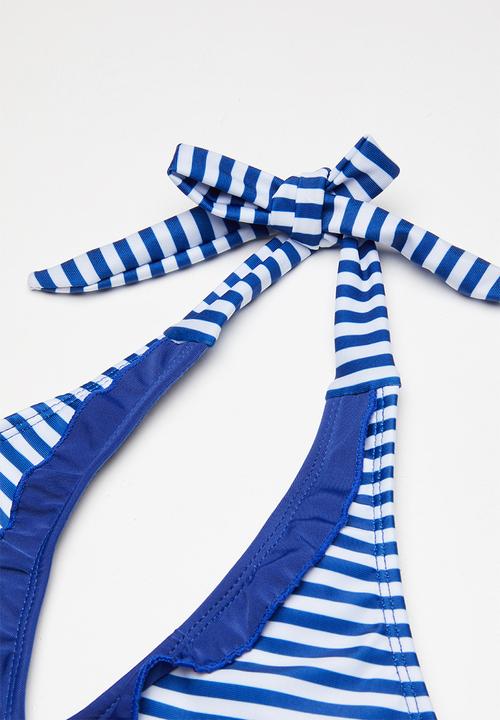 Pop Candy - Striped bikini set with frill detail - blue & white
