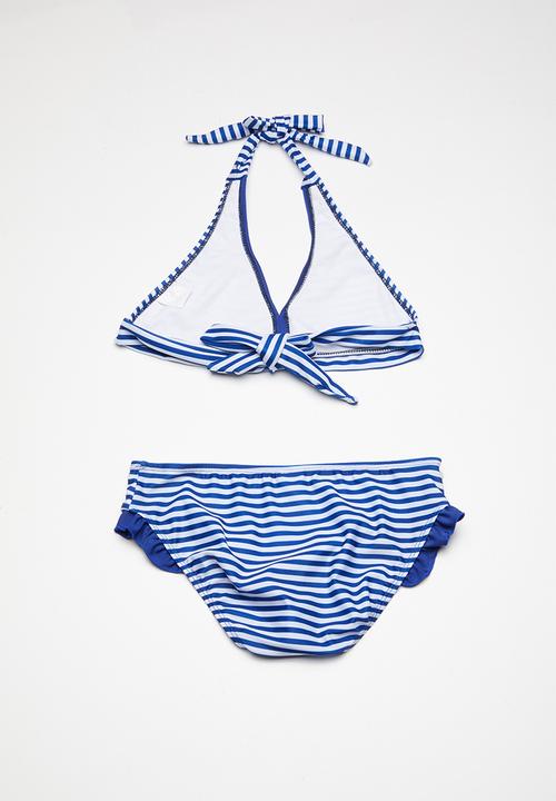 Pop Candy - Striped bikini set with frill detail - blue & white