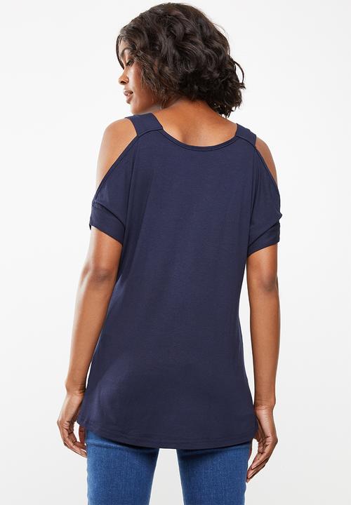 edit - Stripe cold shoulder top - navy & white