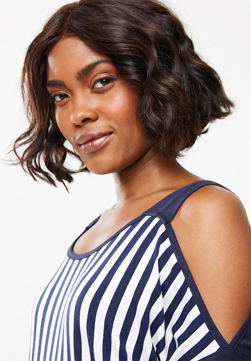 edit - Stripe cold shoulder top - navy & white