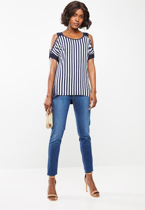 edit - Stripe cold shoulder top - navy & white