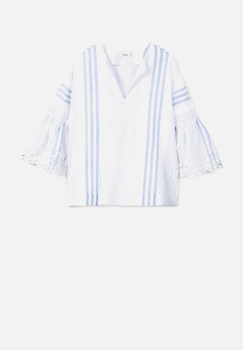 MANGO - Lace sleeve blouse - blue & white