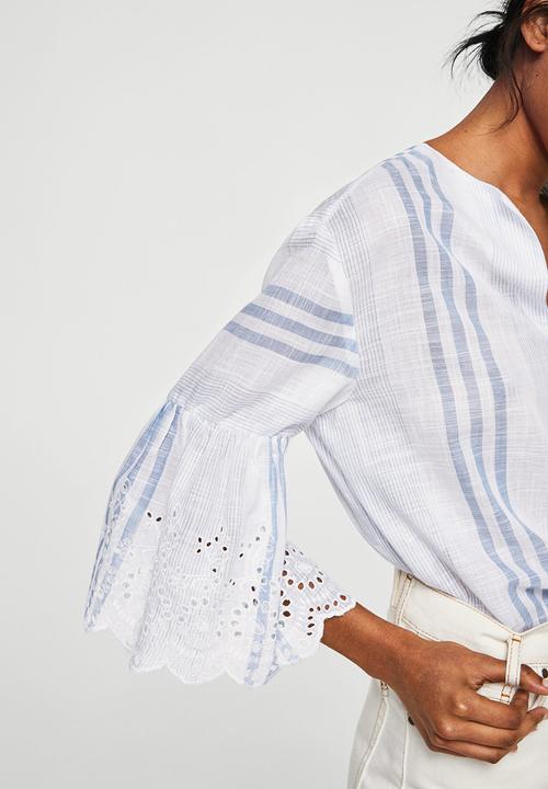 MANGO - Lace sleeve blouse - blue & white