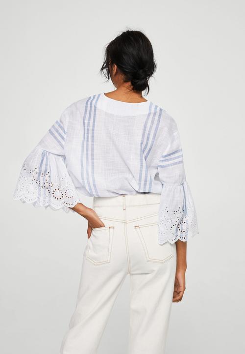 MANGO - Lace sleeve blouse - blue & white