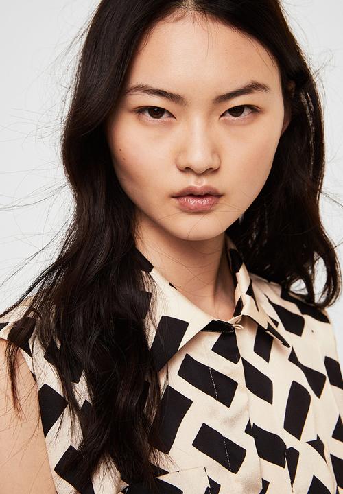 MANGO - Geometric-print sleeveless shirt - cream & black