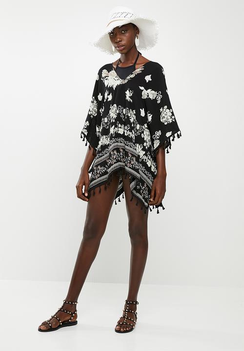Lithe - Tassel trim kaftan - black & white