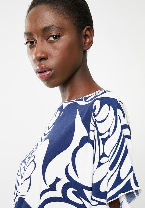 Revenge - Boat neck swirl print blouse - navy & white