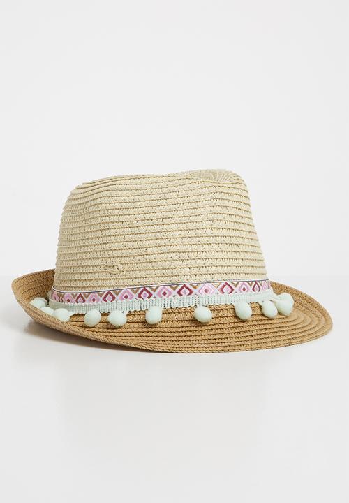 Pop Candy - Straw fedora with pom-pom detail - nude