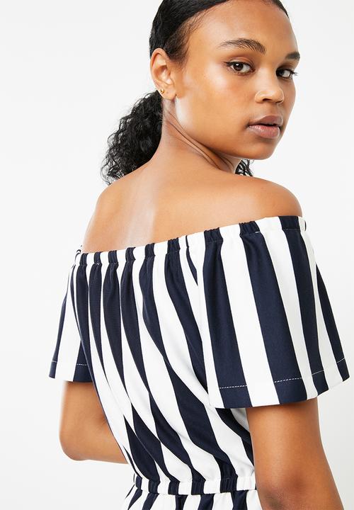 Superbalist - Stripe off the shoulder playsuit - white & navy