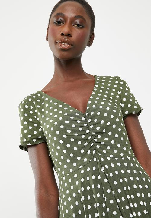 c(inch) - Ruched front fit and flare dress - khaki green