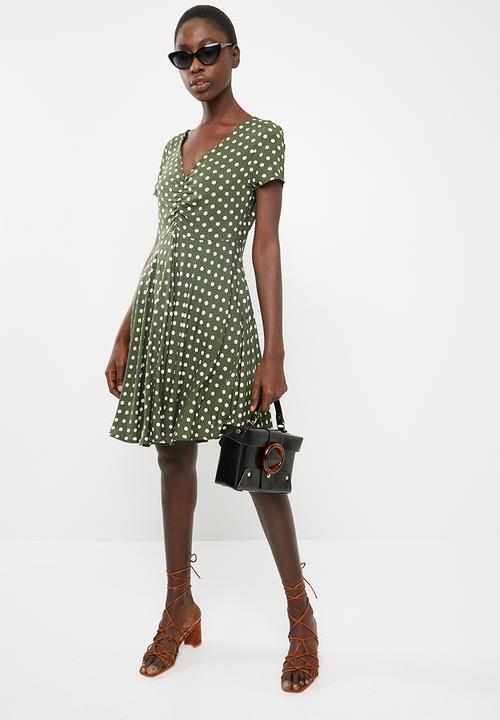 c(inch) - Ruched front fit and flare dress - khaki green