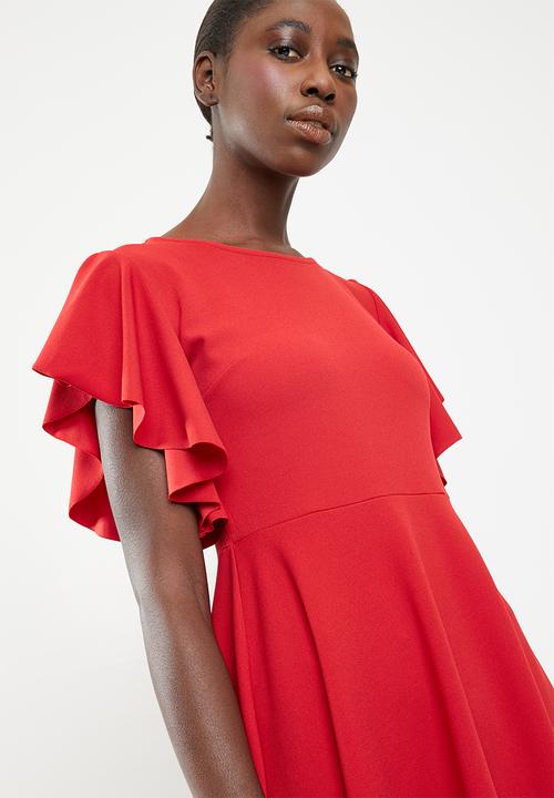c(inch) - Sleeve detail fit And flare dress - red