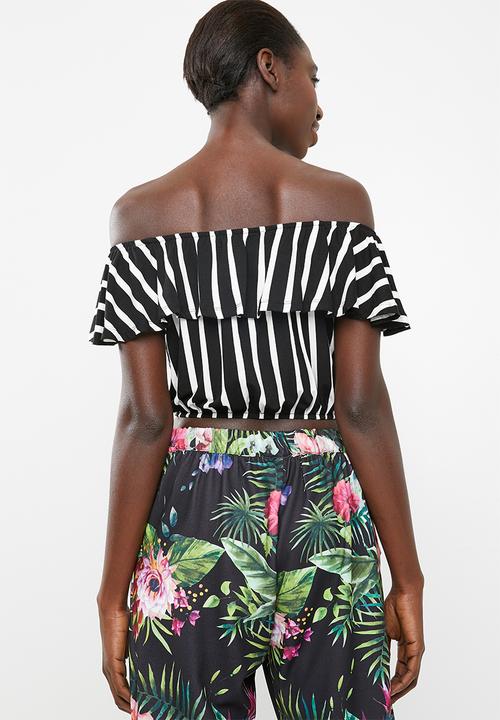 c(inch) - Frill detail bardot top - black and white