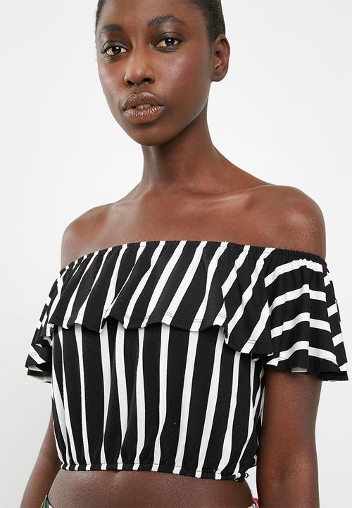 c(inch) - Frill detail bardot top - black and white